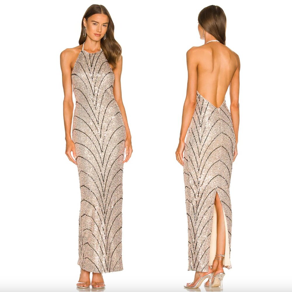 NEW Michael Costello x REVOLVE Coreen Gown Champagne & Black Gold Silver Sequin